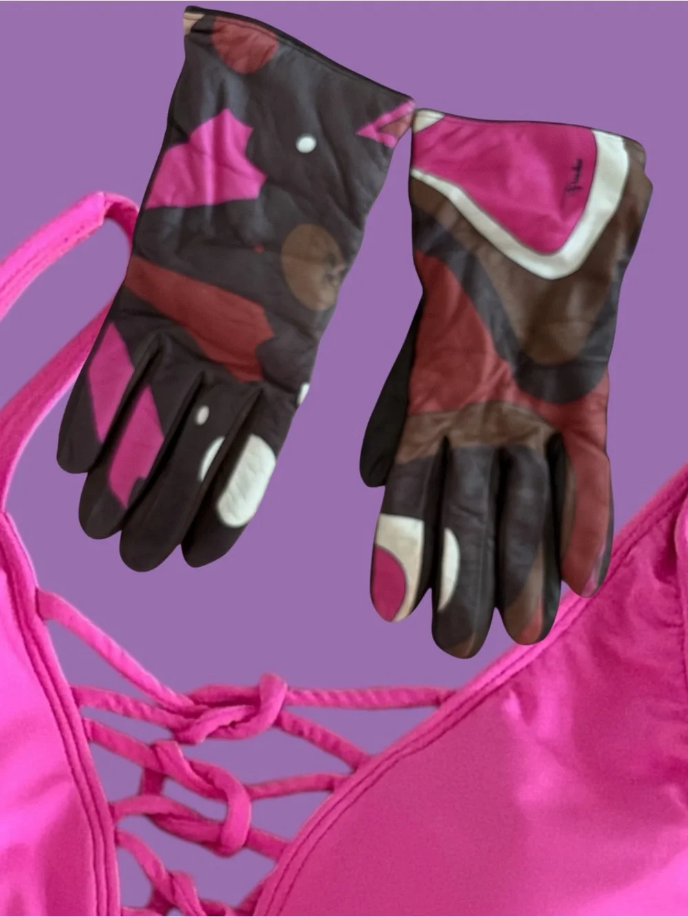 Emilio Pucci Multicolor Leather Gloves - Pink, Brown, Cream